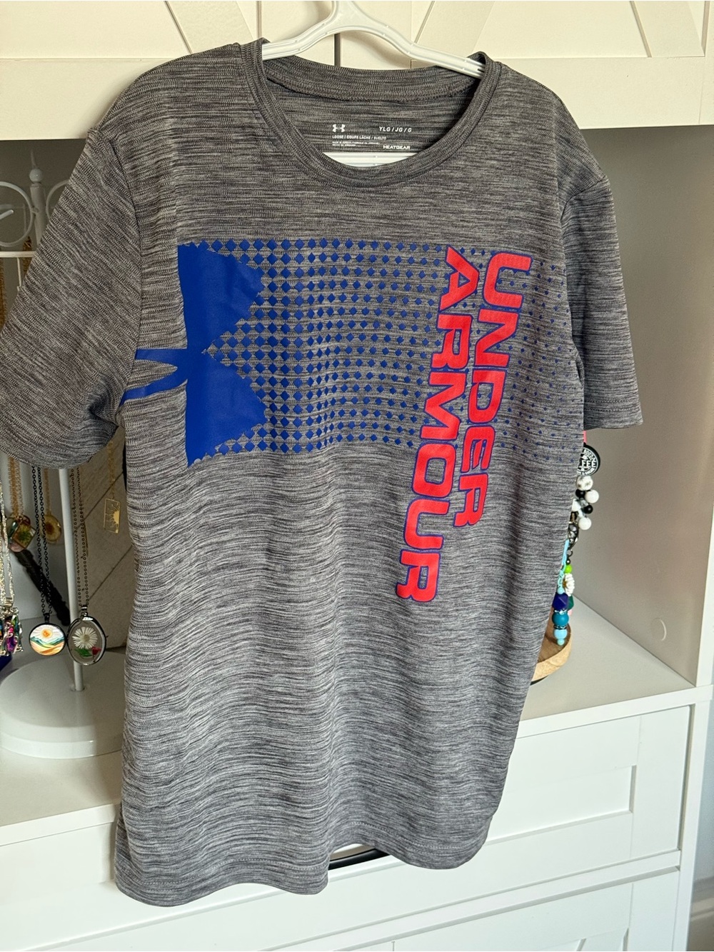 Under Armour Gray Short Sleeve Tee with Blue Graphic and Red Logo
